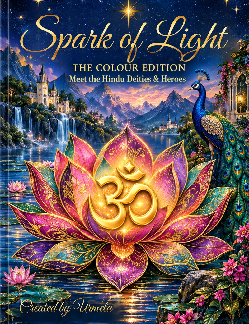 Spark of Light — The Colour Edition, created by Urmela. Official cover featuring a luminous lotus, Om, and a peacock.